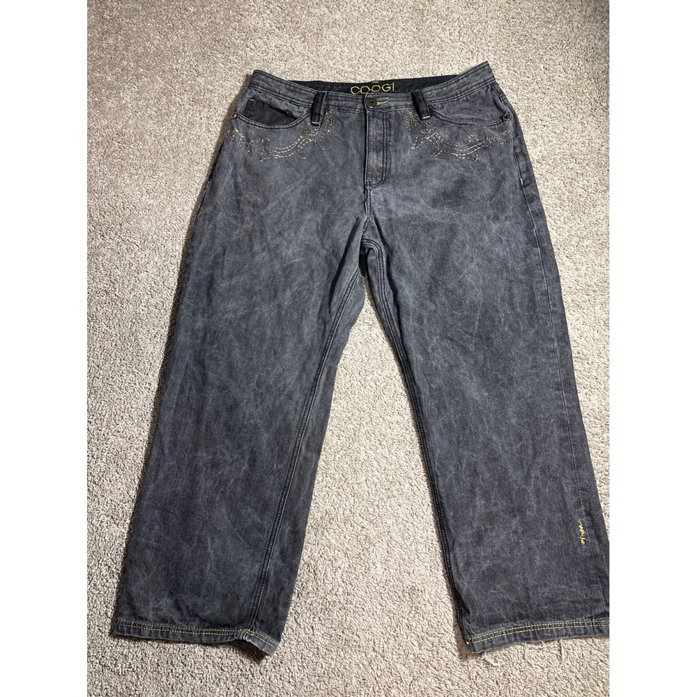 Y2K Coogi Jeans Mens 42/34 Black Acid Wash Scrollwork Straight Leg Denim